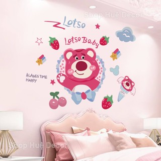 Decal dán tường họa tiết gấu dâu (DT4 E) dễ thương dán tường, dán tủ đồ quần áo, dán cửa Shop Huệ Decor
