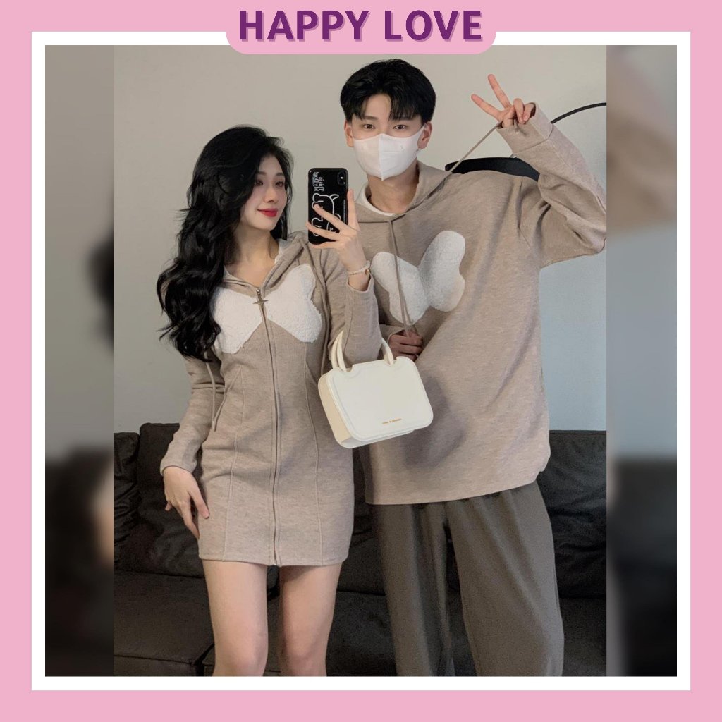 Đồ đôi thu đông HAPPYLOVE set couple áo hoodie nam đầm nữ dáng ngắn màu da cho cặp đôi D080