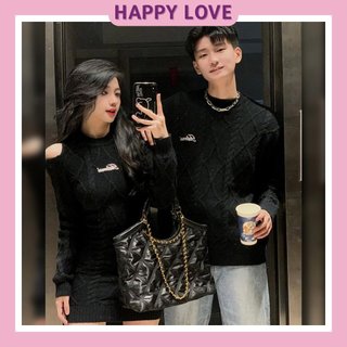 Đồ đôi nam nữ thu đông HAPPYLOVE set couple áo len nam đầm nữ ôm body khoét vai màu đen cho cặp đôi H146