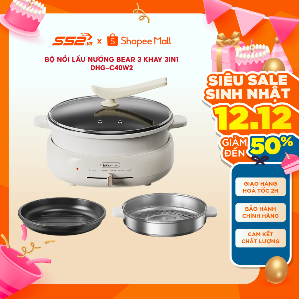 Bộ Nồi Lẩu Nướng Bear 3 khay 3in1 DHG-C40W2 - Hàng Chính Hãng