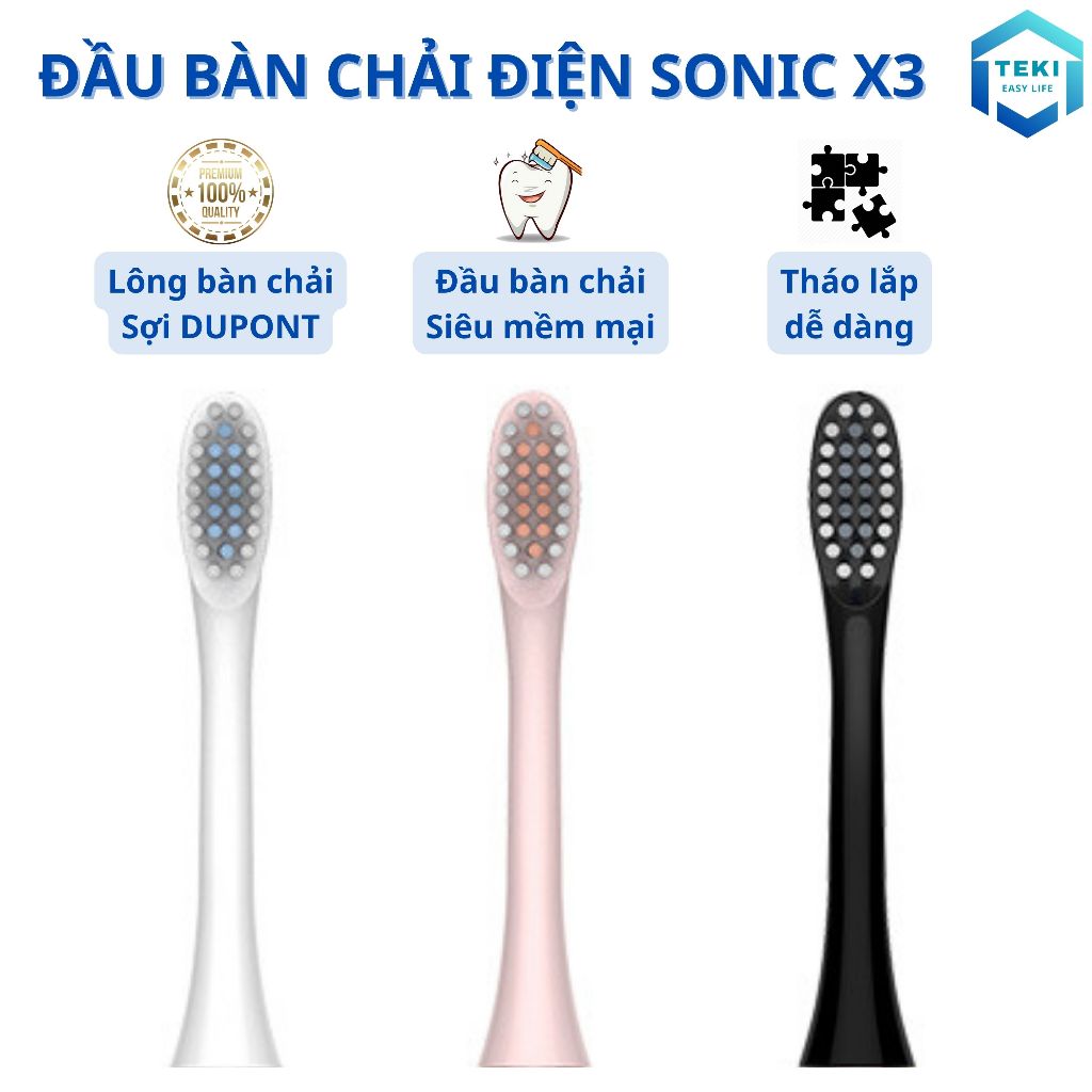 Đầu bàn chải điện đánh răng Sonic X-3 đầu tròn chống thấm lông lụa Dupont mềm mại DBC01 | TEKI