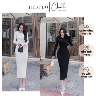 Đầm Body Dáng Dài Tay Dài Phối Lông Chất Thun Borip Dày Dặn