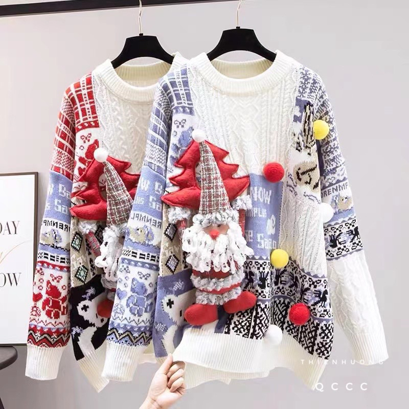 Áo Len Noel Phối Kẻ Kèm Gấu