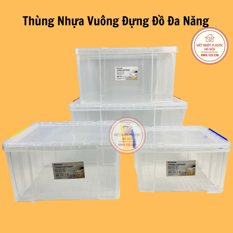 Thùng nhựa vuông 100L Việt Nhật trong suốt chắc chắn (68x51x36cm)