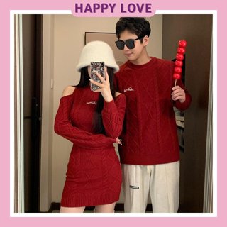 Đồ đôi nam nữ set couple áo nam đầm nữ thu đông HAPPYLOVE màu đỏ khoét vai vải len dày dẹp cho cặp đôi H164