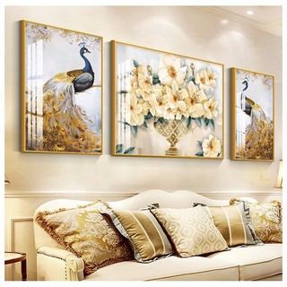 Tranh Treo Tường Trang Trí Phòng Khách Chim Công Vàng và Bình Hoa Phong Thủy Decor/ Phòng Ngủ/ Làm Quà Tân Gia