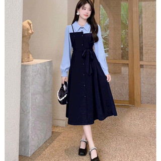 Đầm giả set cổ sơ mi tay dài xanh đen thiết kế công sở dạo phố thanh lịch