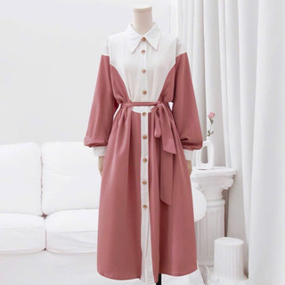 Đầm tay dài hồng ruốc phối cổ trắng tiểu thư dáng xoè thanh lịch