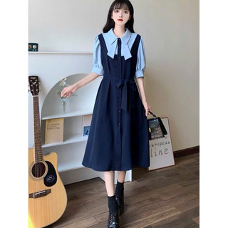 Đầm giả set phối xanh đen nơ cổ tiểu thư dáng xoè