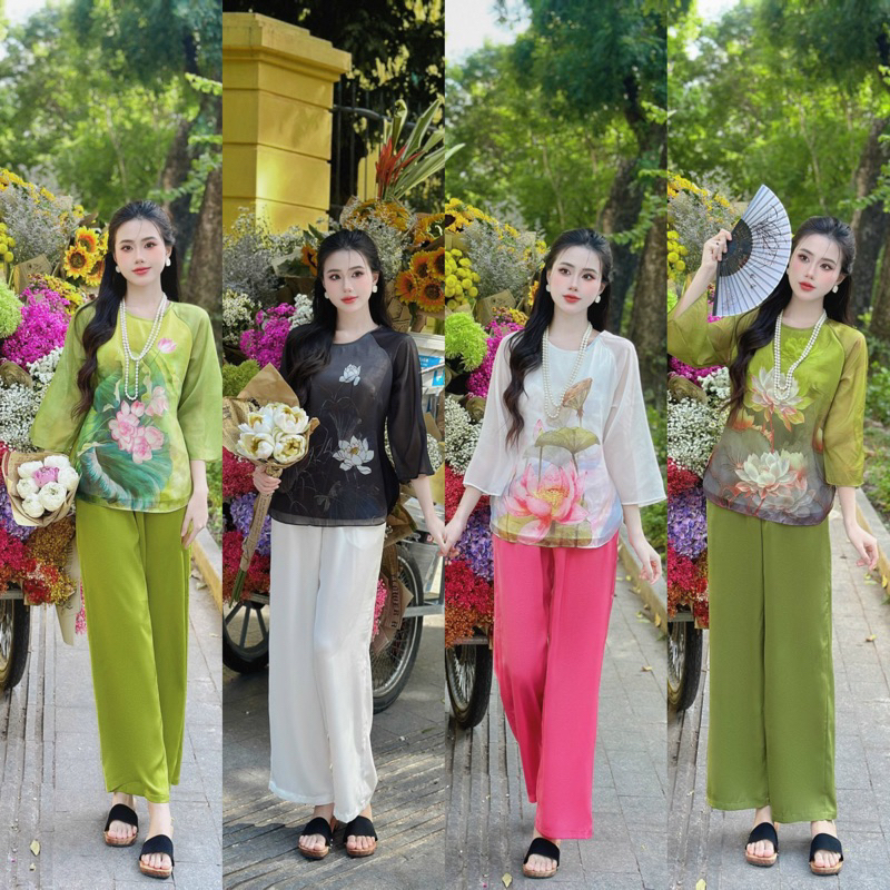 Pháp phục đi lễ, đồ lam đi chùa tay lửng in 3D 2 lớp tơ ánh kim nút ngọc 1105