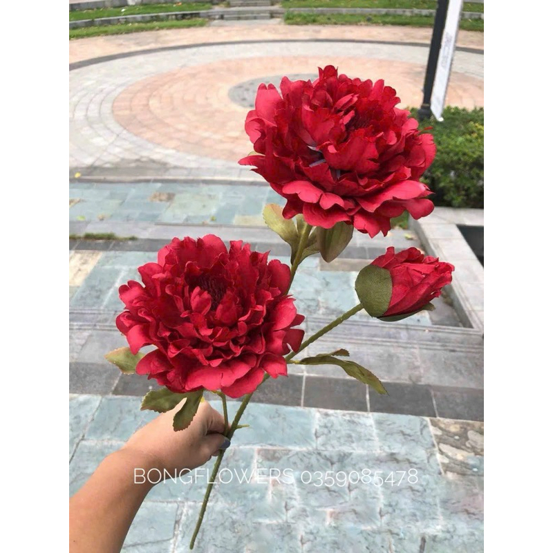 Hoa giả - cành hoa mẫu đơn giả cành 2 bông 1 nụ dài 60cm