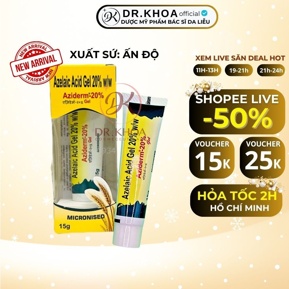 Aziderm Gel 20% Azelaic Acid - Giảm Thâm Đỏ, Giảm Mụn, Mờ Nám Tàn Nhang (NHẬP KHẨU)