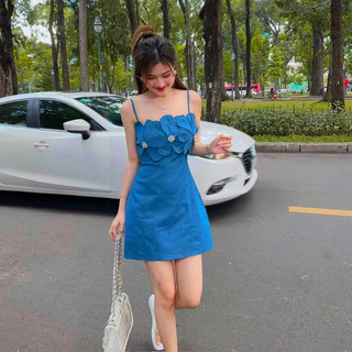 ĐẦM JEANS 2 DÂY PHỐI NƠ NGỰC