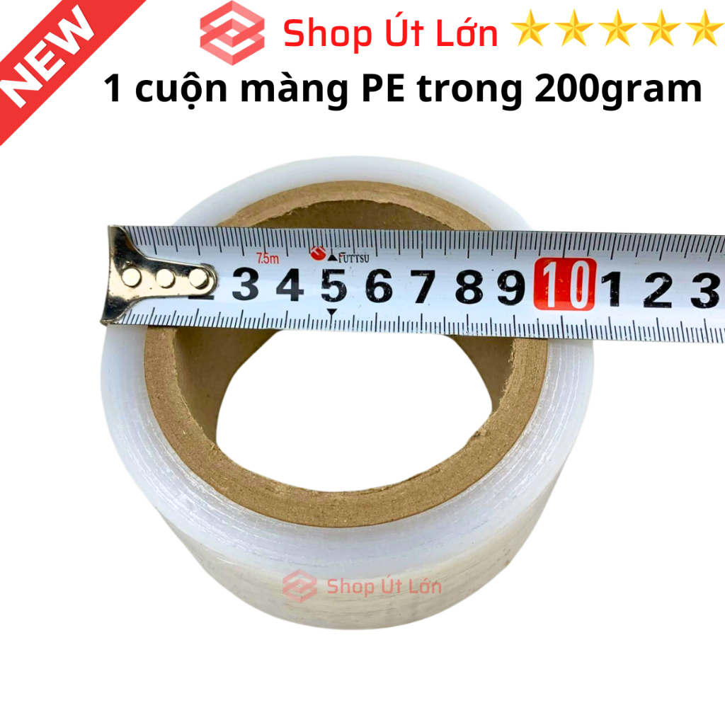 1 Cuộn màng PE trong, rộng 5cm, nặng 200gram, lõi giấy 30gram
