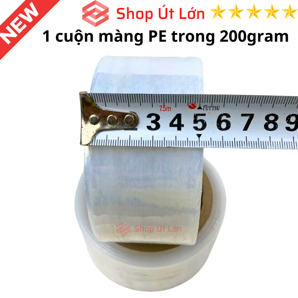 1 Cuộn màng PE trong, rộng 5cm, nặng 200gram, lõi giấy 30gram