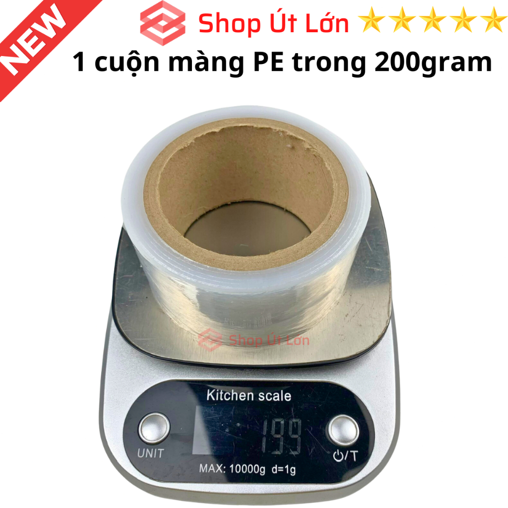 1 Cuộn màng PE trong, rộng 5cm, nặng 200gram, lõi giấy 30gram