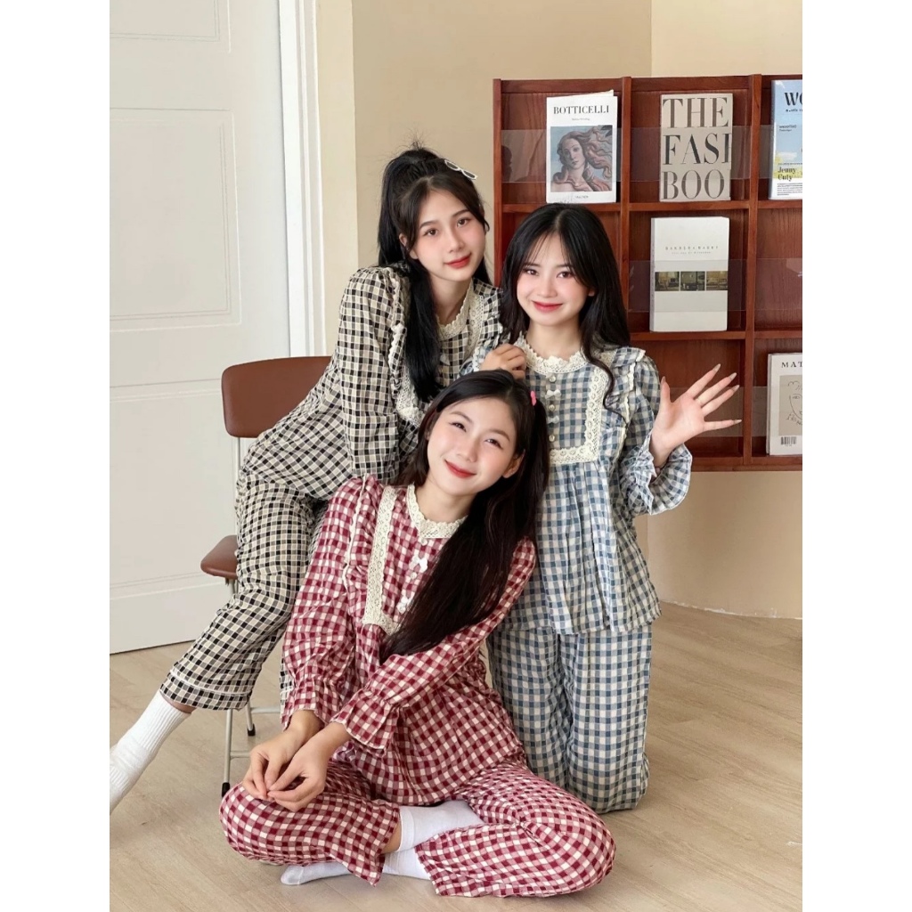 A05 - Bộ Đồ Ngủ Nữ Kẻ Caro Cổ Ren Tròn 2 Nơ Chất Đũi Nhung Pijama Mặc Ở Nhà Tay Dài Quần Dài Tiểu Thư Dễ Thương