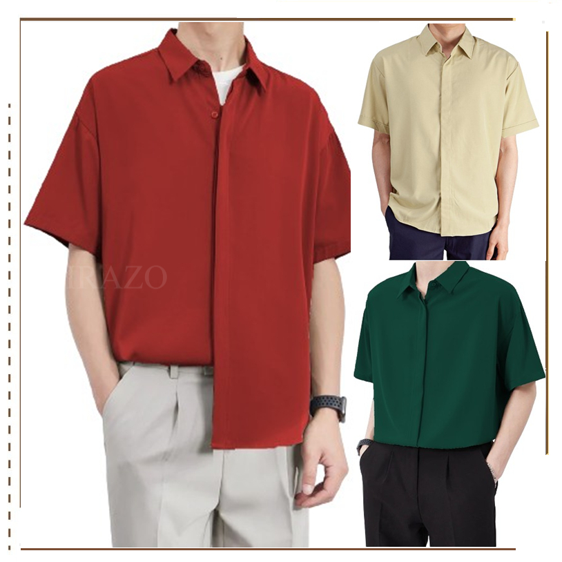 Áo sơ mi tay ngắn nam nữ trơn form rộng ẨN CÚC unisex hiện đại, vải lụa Hàn không nhăn 8 màu - DIRAZO