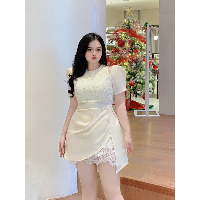 Bigsize Đầm thiết kế khoét vai phối ren 55-95kg