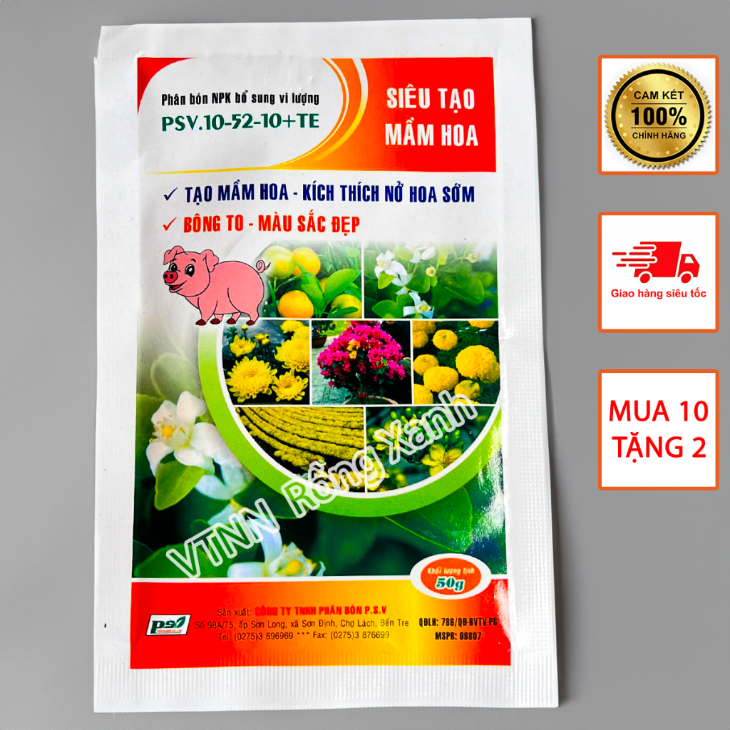 Phân bón kích ra hoa tạo mầm hoa tạo nụ to hoa bông to hết cỡ siêu bự bông đẹp màu PSV 10 52 10 + 17 17 17 PSV