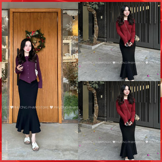 Set áo len tay loe mix chân váy đuôi cá dáng dài - Set len nữ