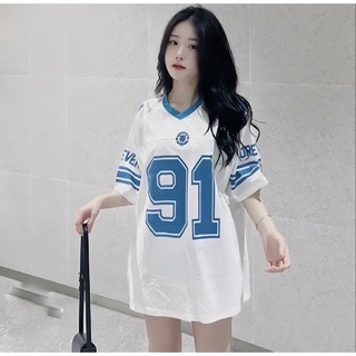 Áo thun tay nữ lỡ form rộng chất cotton khô 3158 cồ V in số 91phong cách Hàn Quốc THUUNISEX M1196