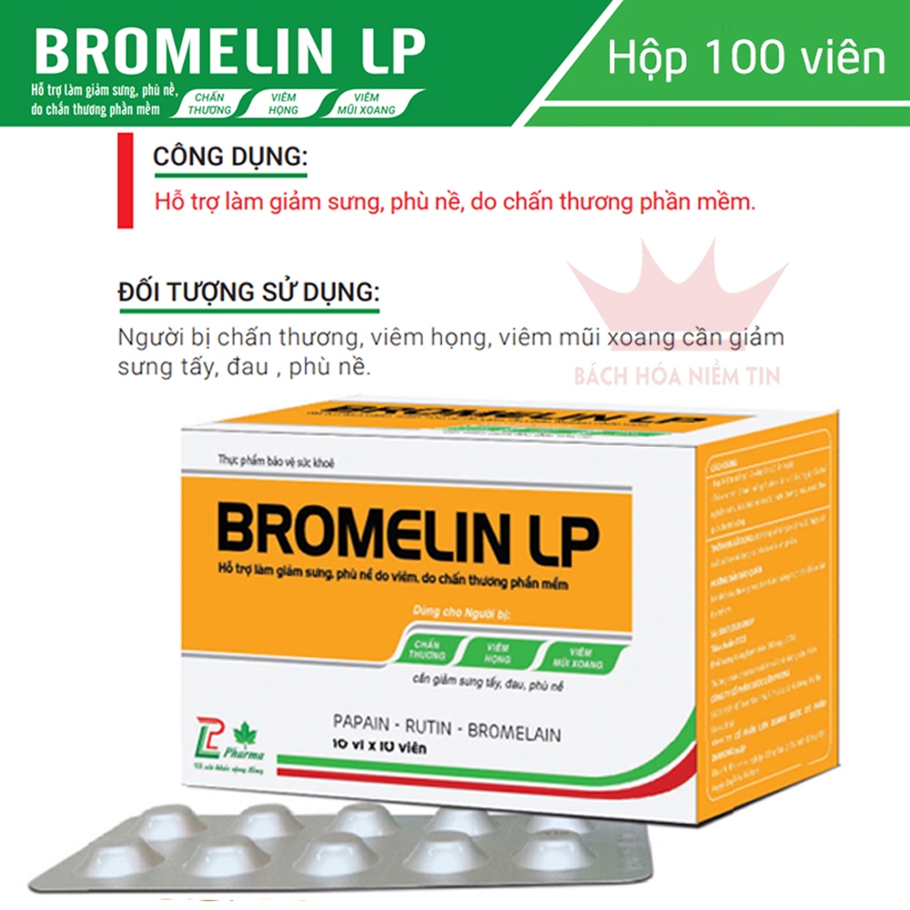 Viên uống giảm phù nề Bromelin LP - Hộp 100 viên - Thành phần chiết xuất quả dứa, rutin C giúp giảm sưng