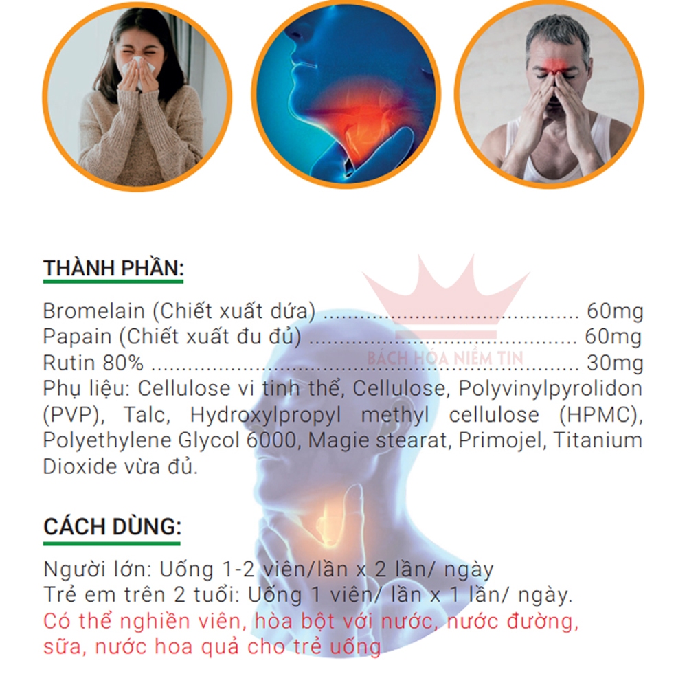 Viên uống giảm phù nề Bromelin LP - Hộp 100 viên - Thành phần chiết xuất quả dứa, rutin C giúp giảm sưng