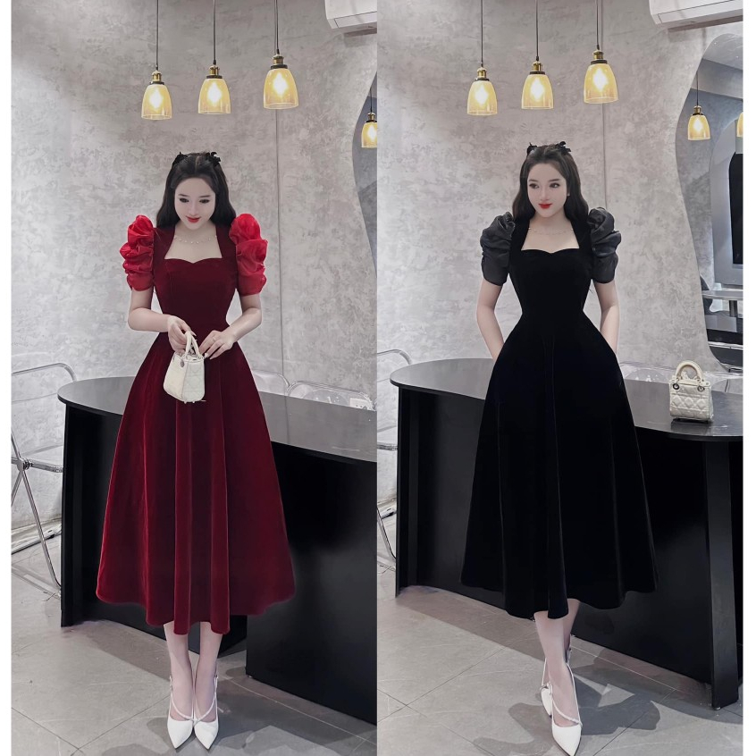 Đầm váy nữ dự tiệc nhung xòe tay phồng dáng dài thanh lịch, tôn dáng cho các nàng yêu diện siêu xinh