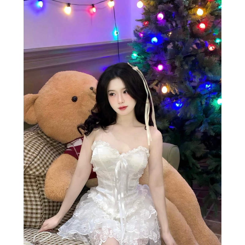 Set áo quây corset nơ ngực viền bèo phối chân váy ren tầng