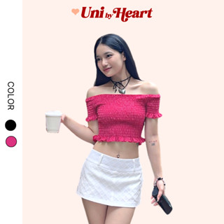 Áo croptop trễ vai thiết kế chun nhún Fika Top ATV04 vải kẻ caro mềm mại, co giãn, tay áo xòe cách điệu - Uni By Heart