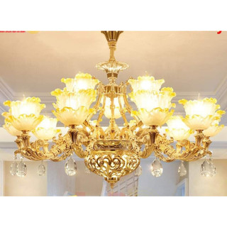 Đèn chùm treo trần pha lê cao cấp mạ vàng bóng chao đá 15 tay trang trí phòng khách tặng kèm bóng led