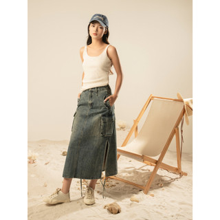 Chân váy jean dáng dài phối túi hộp xẻ 2 bên cá tính chất cotton mềm mịn V07 - La'coba