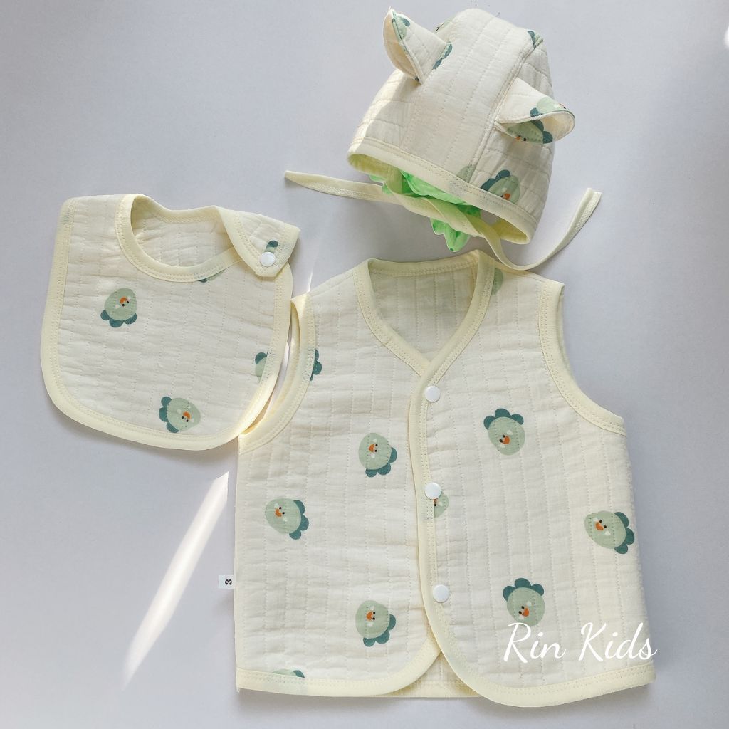 Combo áo gile, mũ, yếm xô trần bông hữu cơ tự nhiên 100%, mềm mại, ấm áp cho bé trai bé gái sơ sinh