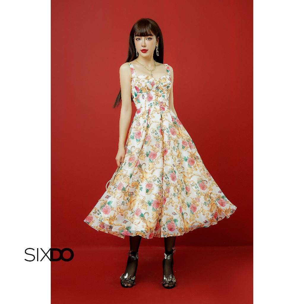 Đầm hai dây midi cúp ngực hoa tiết hoa hồng SIXDO (White Rose Sweetheart Midi Dress)