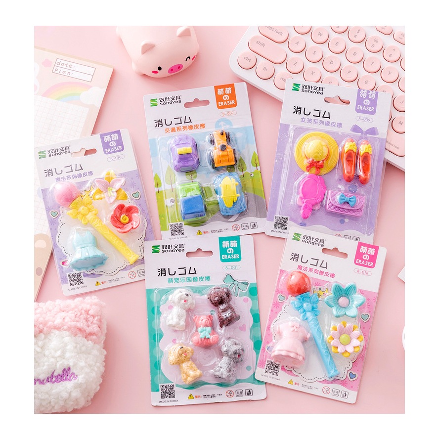 Set vỉ gôm tẩy chì cho bé gái bé trai nhiều hình dễ thương, dụng cụ học tập cho bé, văn phòng phẩm E765