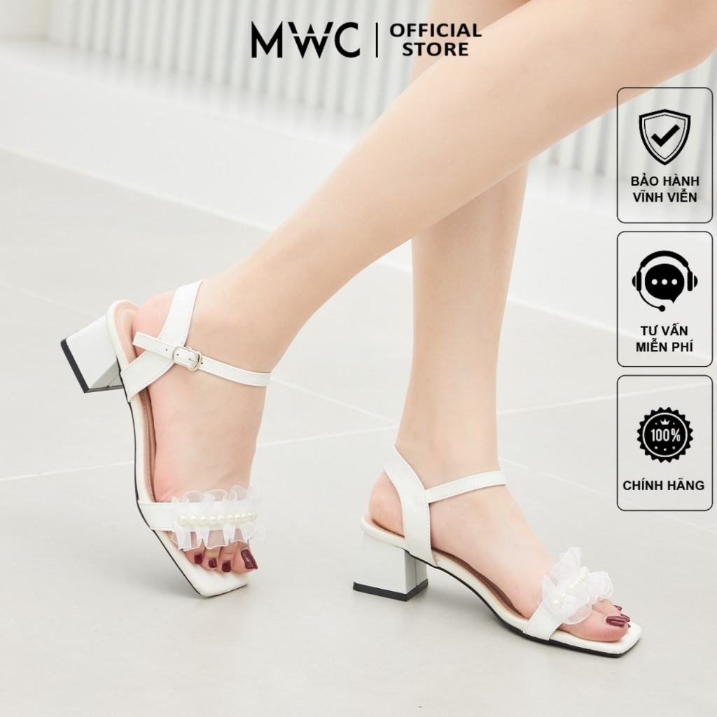 Giày MWC 4242 - Giày Cao Gót 5cm Đế Vuông , Giày Cao Gót Quai Ngang Đính Đá Phối Bèo
