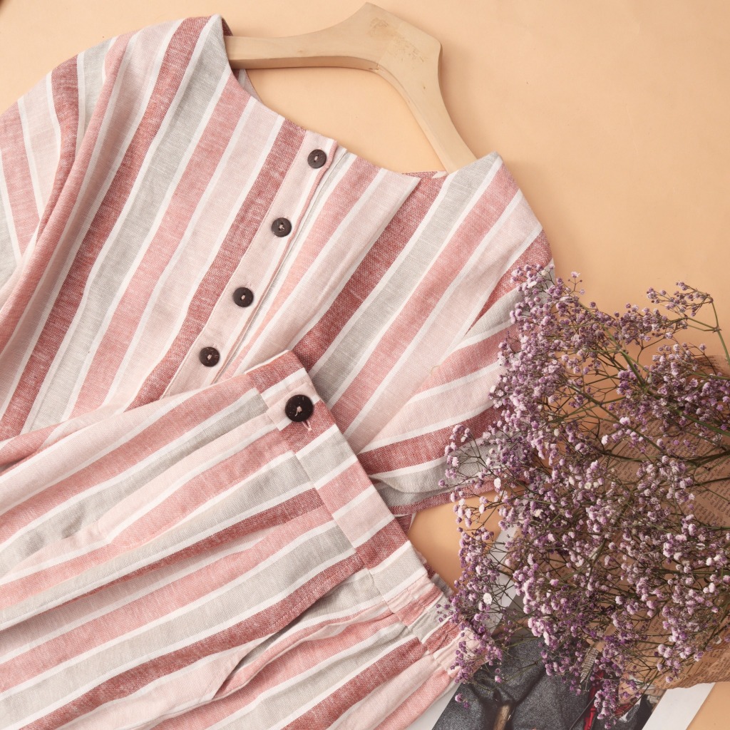 Set bộ sọc phối nút Kachisa linen mềm mại, trẻ trung