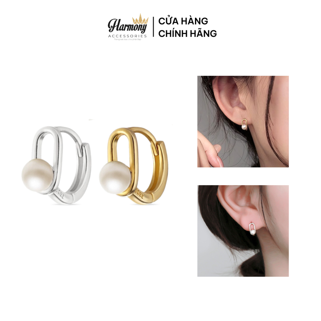 Khuyên tai tròn nữ bạc đính ngọc trai nhân tạo 2 màu bạc, vàng Retro (1 đôi) | HARMONY ACCESSORIES K99