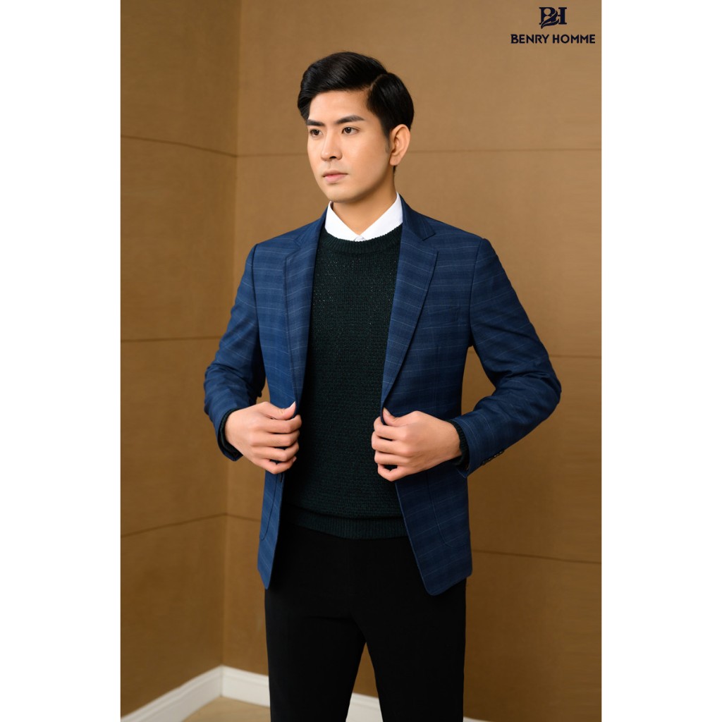 Áo blazer nam Benryhomme sợi lông cừu màu navy, Mã áo JK56128NV