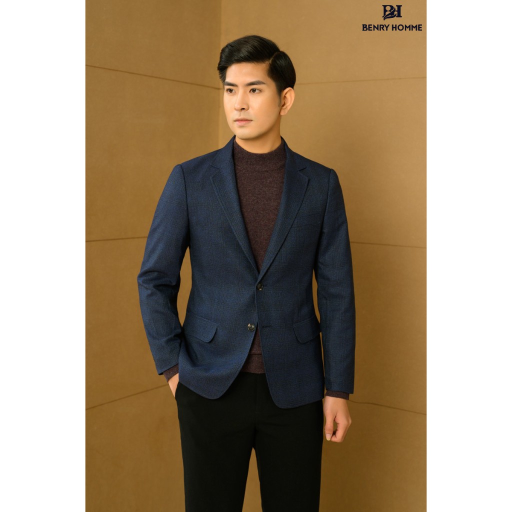 Áo blazer nam Benryhomme sợi lông cừu màu navy, Mã áo JK56127NV