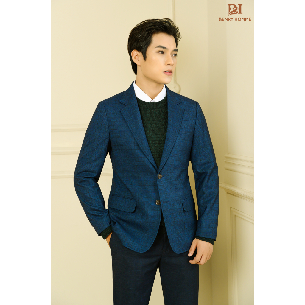 Áo blazer nam Benryhomme sợi lông cừu màu xanh navy, Mã áo JK56154NV