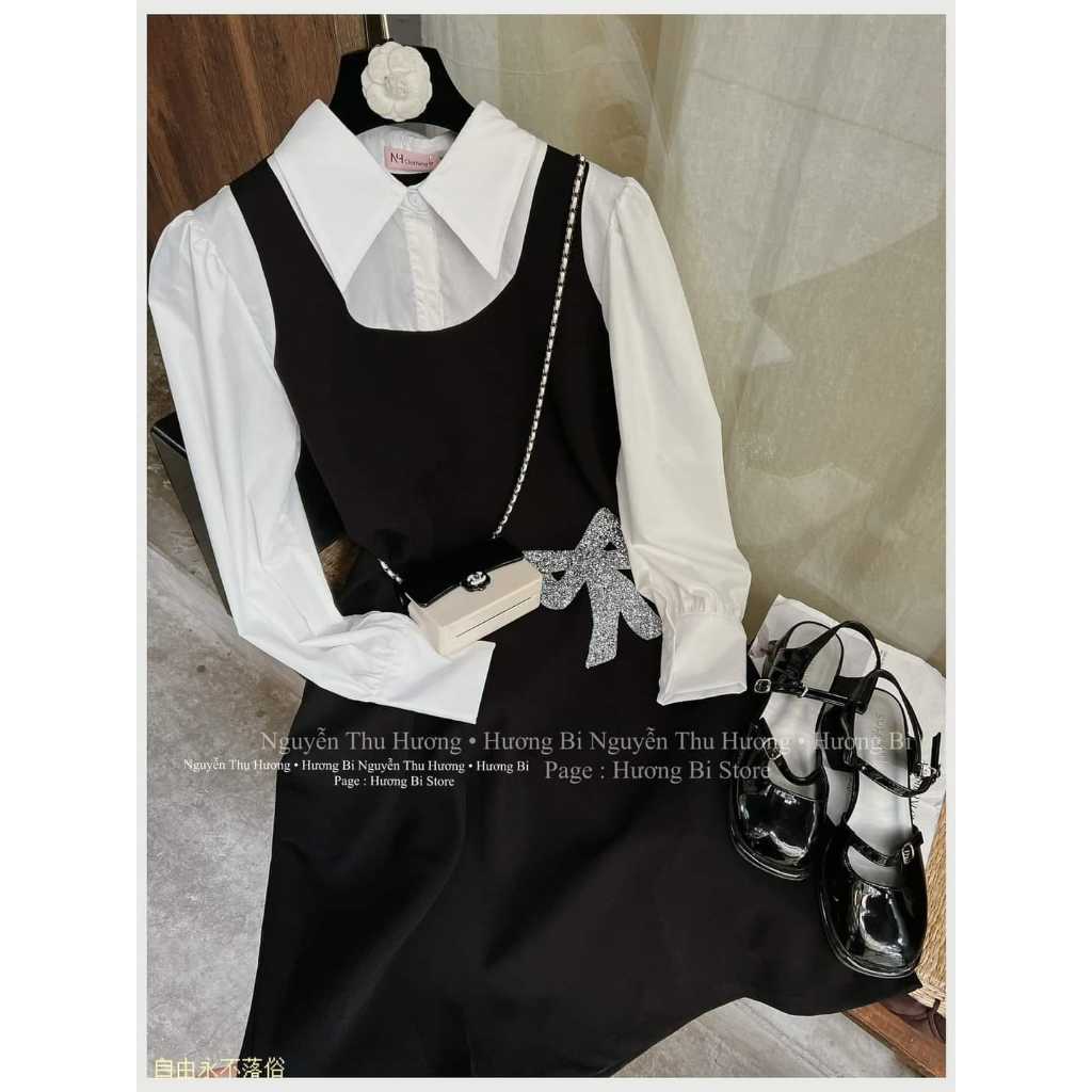 Đầm bầu dự tiệc cao cấp , váy bầu thiết kế công sở dài tay phối sơ mi họa tiết nơ xinh xắn thanh lịch