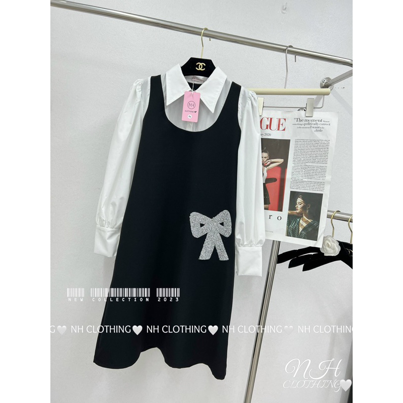 Đầm bầu dự tiệc cao cấp , váy bầu thiết kế công sở dài tay phối sơ mi họa tiết nơ xinh xắn thanh lịch