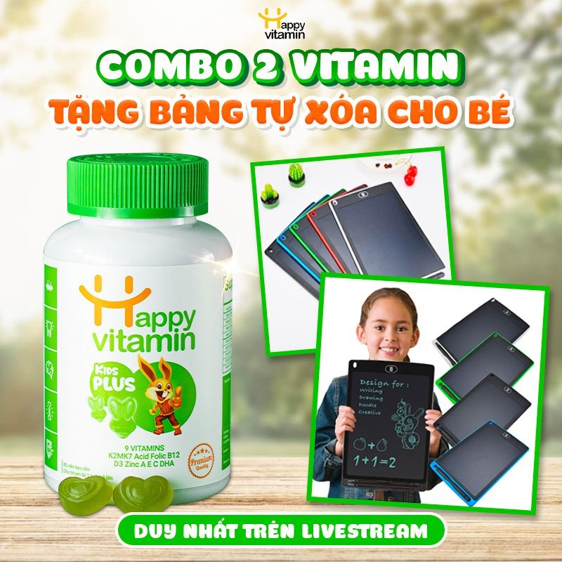 Combo 2 Vitamin Tổng Hợp Kids Plus Tặng Bảng Tự Xóa Cho Bé - Happy Vitamin tăng đề kháng, ngon mệng