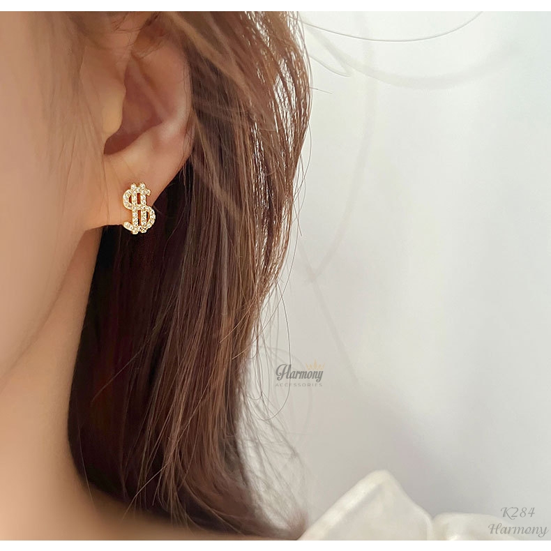 Khuyên tai bạc 925 bông nữ hình tiền Dollar đính đá lấp lánh cá tính, độc đáo | HARMONY ACCESSORIES K284