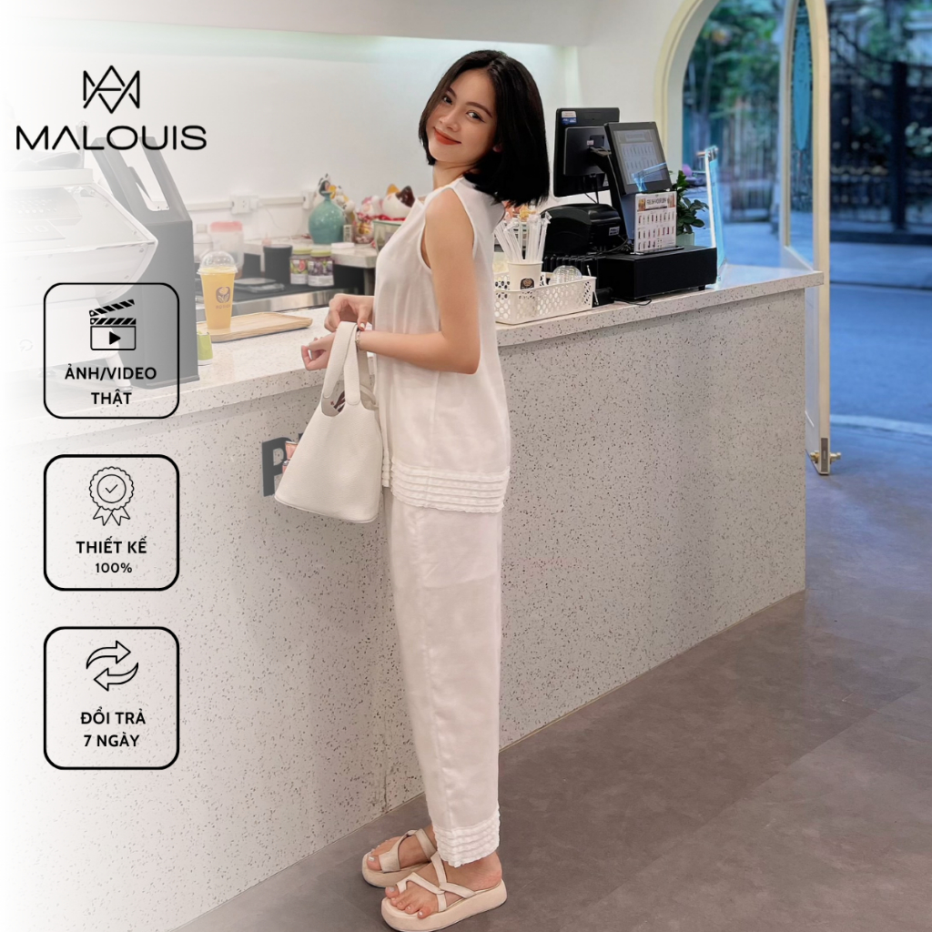 Set đồ bộ, set thời trang nữ màu trắng gồm áo sát nách và quần dài, chất linen mềm mát - S.CS22.172 - Malouis