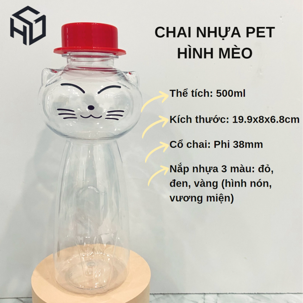Chai Trà sữa Đẹp -  Chai Nhựa PET Nắp Nhôm Cao Cấp Hình Con Mèo In 500ml