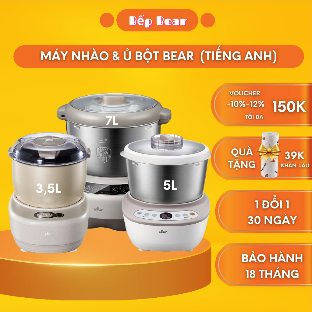 Máy Trộn Bột Tự Động, Máy Nhào Bột Bear 3.5L, 5L, 7L,Nhào Ủ Bột Tự Động_ Chính Hãng, Bản Quốc Tế Bảo Hành 18 Tháng