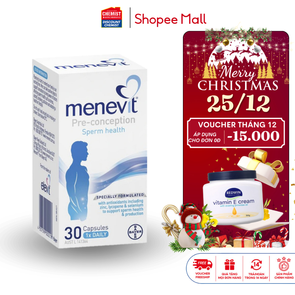 Viên uống tăng chất lượng tinh trùng Bayer Menevit 30 viên hỗ trợ sức khỏe sinh sản cho nam giới tăng cơ hội thụ thai
